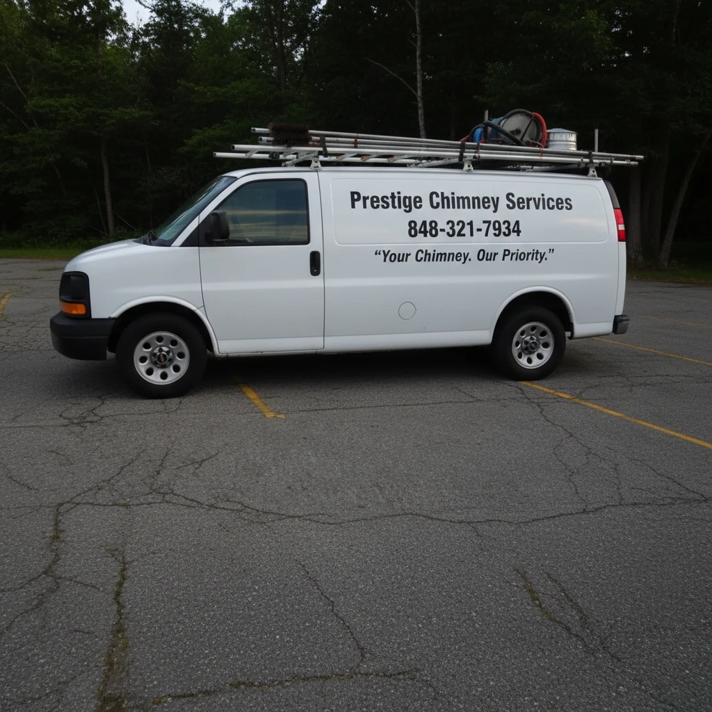 Prestige Chimney Services white service van with company branding and phone number 848-321-7934