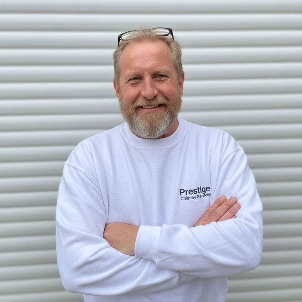 Jack Mccoy, owner of Prestige Chimney Services, wearing company branded shirt